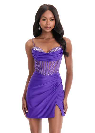 Aria Mini Dress | Purple fitted jersey mini dress with beaded bust detail, delicate straps, side ruching and draped skirt for a flattering silhouette perfect for prom, cocktail parties and special evenings video