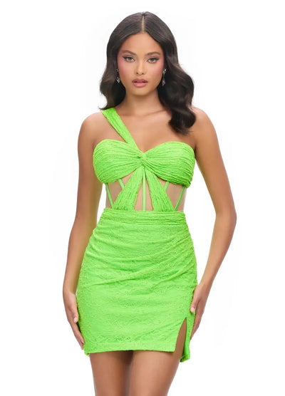 Green Lace Mini Dress Featuring Asymmetrical One-Shoulder Strap, Cut-Out Bodice Detail, And Draped Skirt With Side Slit. Video.