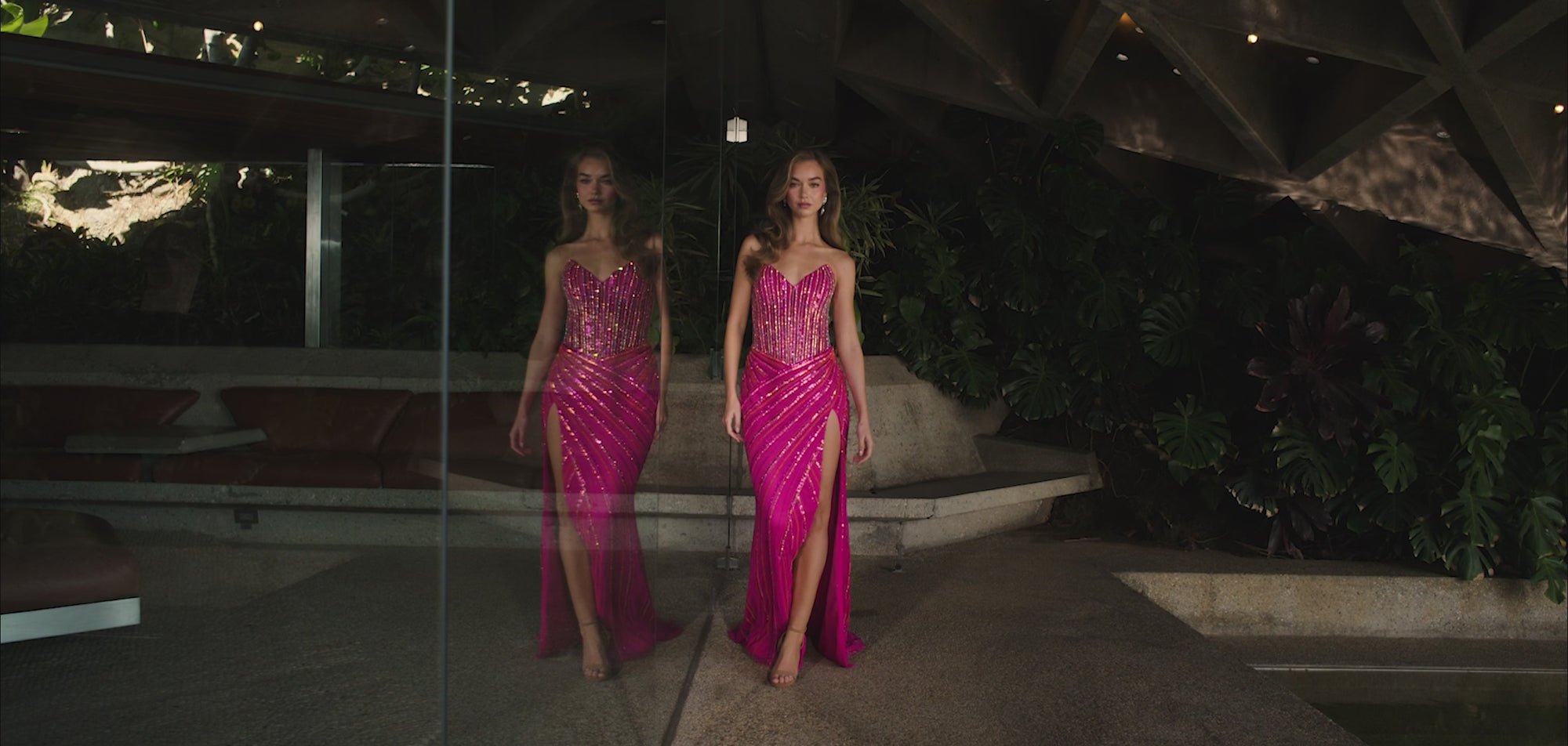 Luxury embellished evening gowns in motion, showcasing shimmer, sculpted silhouettes, and high-shine details from Naked Dresses.
