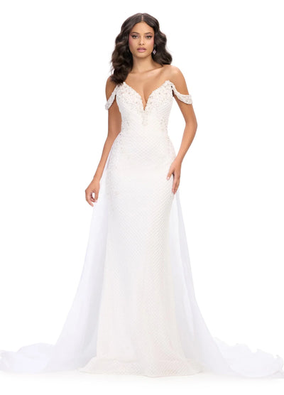 Video - Graceful ivory mermaid gown featuring delicate off-the-shoulder straps, intricate beading, and a tulle overlay train for a sophisticated and ethereal finish.