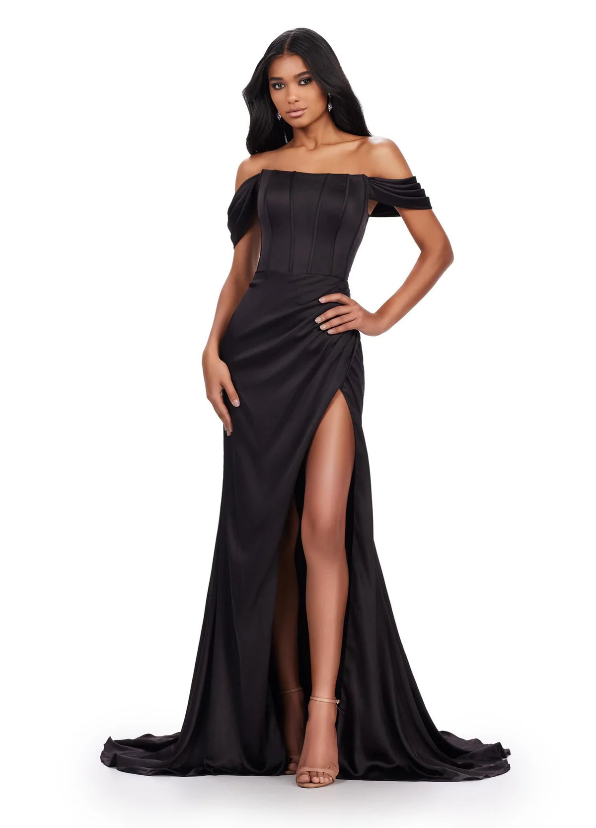 Video - Off-the-shoulder black evening gown featuring a corset-style bodice with pleated detailing, ruffled sleeve accents, a high leg slit, and a floor-length skirt with a slight train.