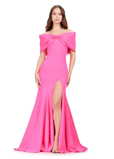 Video - Off-Shoulder Gown With Oversized Bow Detail And Thigh Slit