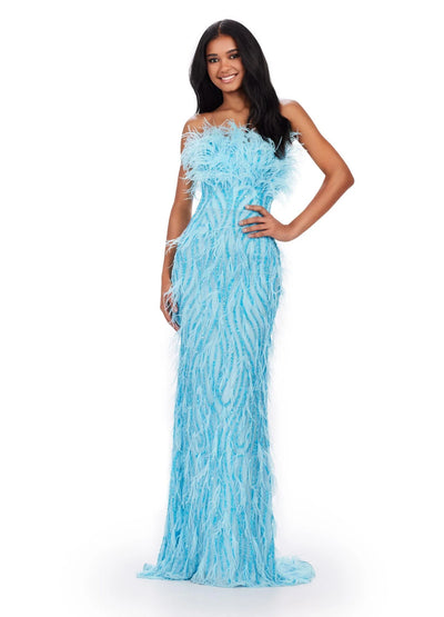 Video - ASHLEYlauren_11453  Sky Blue strapless gown with white feather embellishments, sparkling beadwork, and a fitted silhouette that flows into a floor-length design.