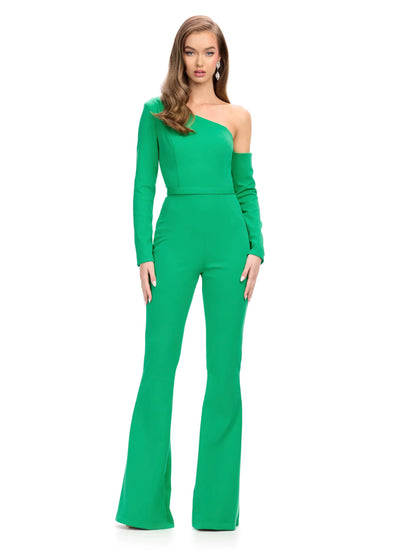 One-Shoulder, Green Jumpsuit With Long Sleeve, Fitted Waist, And Flared Trousers. Video.