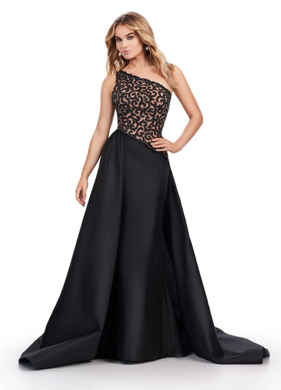 ASHLEYlauren_11456 Black & Nude One-Shoulder Ball Gown with Beaded Bodice. Video