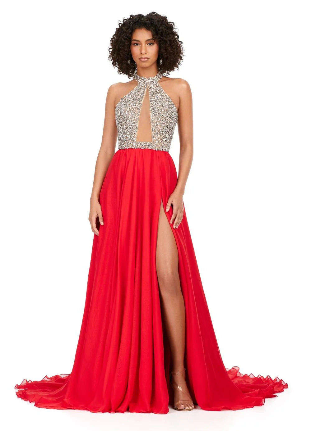 Video - Halter-neck gown featuring a sparkling embellished bodice with a keyhole cut-out, flowing into a soft, red, sheer A-line skirt with a thigh-high slit, offering an elegant and ethereal look.