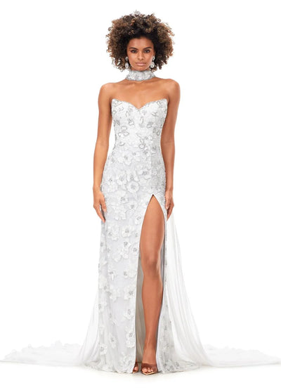 Cristal ASHLEYlauren Gown | White Strapless Sequin Gown With Slit & Cape Choker