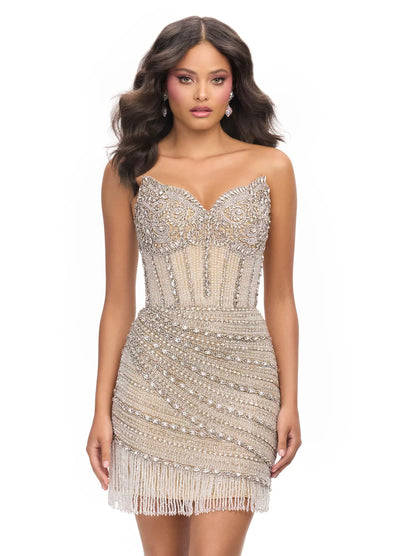 Strapless mini dress with intricate beadwork and fringed hem detailing - Silver ,Nude - Video
