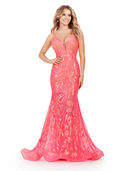 Video - ASHLEYlauren_11444 Coral evening gown adorned with shimmering sequin detailing and a plunging V-neckline, featuring a fitted silhouette that flares into a mermaid-style skirt.