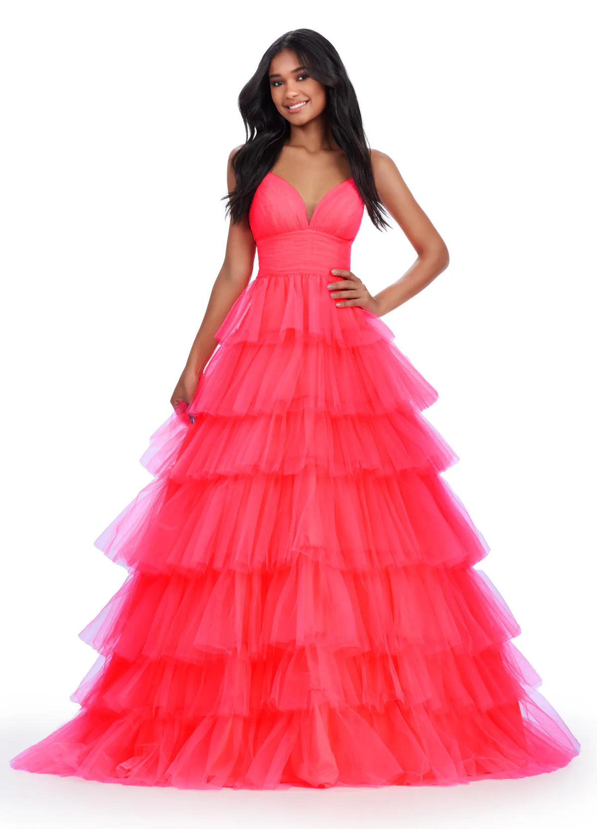 Video - Neon Coral Tiered Tulle Ball Gown with Plunge Neckline – Dreamy and Elegant Evening Dress