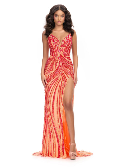 Video - Red & Coral Strapless Evening Gown With Plunging Sweetheart Neckline, Sequinned Embellishments, High Slit, and Fitted Silhouette