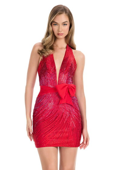 Lorelei Mini Dress | Red Statement mini dress with deep V-neckline, shimmering embellishments, and dramatic waist bow.