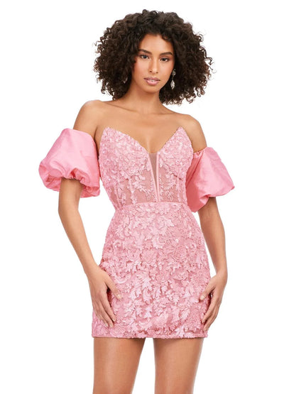 Video - Pink sequin mini dress with floral detailing, panelled bodice, and puff off-shoulder sleeves.