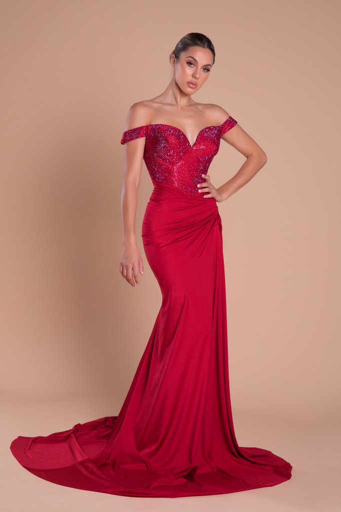 Portia & Scarlett Finola Gown PS21232 | Red Glitter Prom Dress | Evening Gown