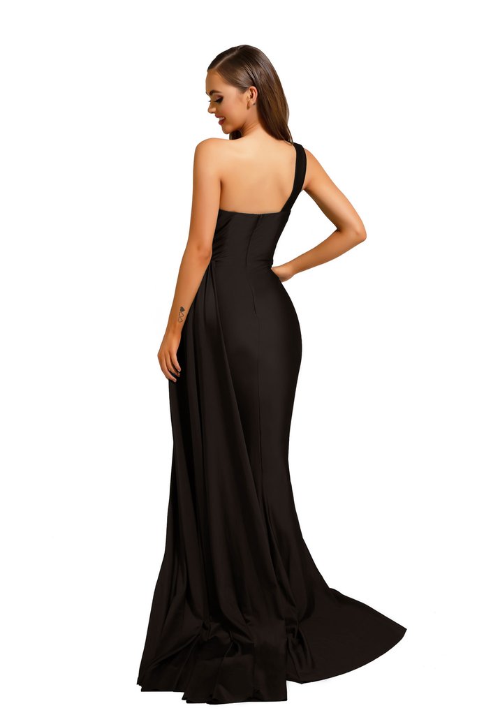 Portia & Scarlett Alana Gown PS6321 | Black One Shoulder Draped Prom & Bridesmaid Dress